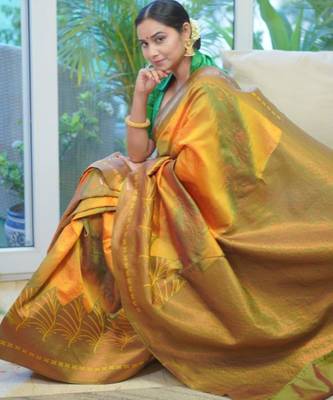 ethnic gold resham thread silk cotton saree with unstitched blouse 1