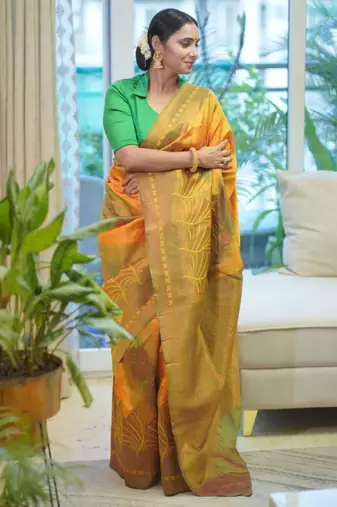 ethnic gold resham thread silk cotton saree with unstitched blouse