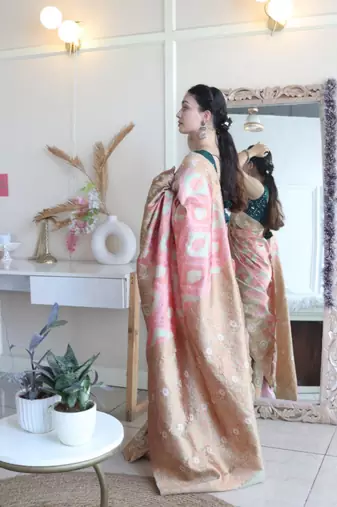 elegance pink woven cotton silk kerala saree with unstitched blouse