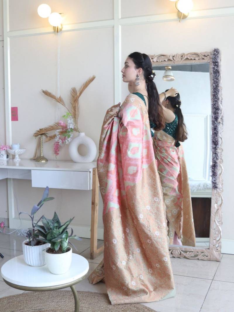 elegance pink woven cotton silk kerala saree with unstitched blouse