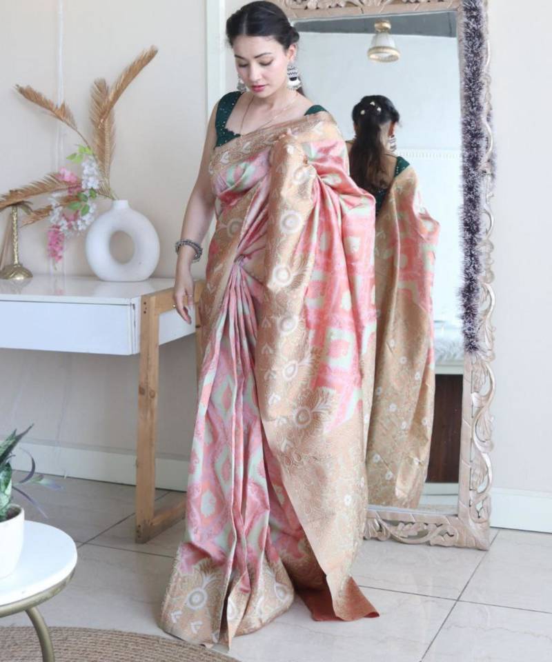 elegance pink woven cotton silk kerala saree with unstitched blouse