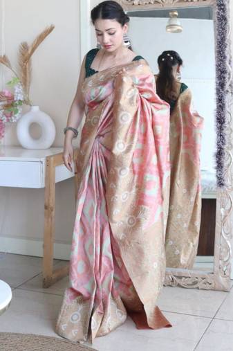 elegance pink woven cotton silk kerala saree with unstitched blouse