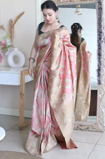 elegance pink woven cotton silk kerala saree with unstitched blouse