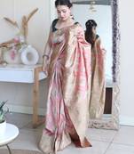elegance pink woven cotton silk kerala saree with unstitched blouse