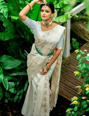  cream self design silk cotton fancy saree with unstitched blouse 1