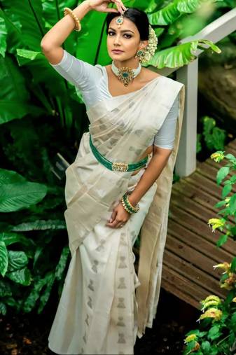 bollywood cream  self design silk cotton fancy saree with unstitched blouse