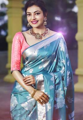 kanjivaram aqua blue self design south silk fancy saree with unstitched blouse 1
