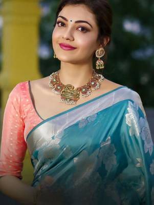 kanjivaram aqua blue self design south silk fancy saree with unstitched blouse 2