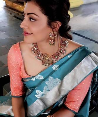 kanjivaram aqua blue self design south silk fancy saree with unstitched blouse 3