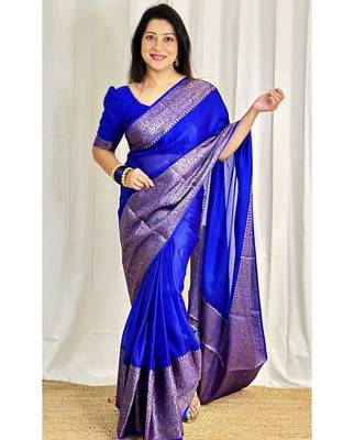 fashionable royal blue banarasi art silk blend light weight saree with unstitched blouse 1
