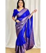 fashionable royal blue banarasi art silk blend light weight saree with unstitched blouse