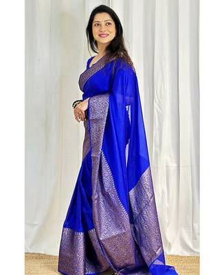 fashionable royal blue banarasi art silk blend light weight saree with unstitched blouse 2