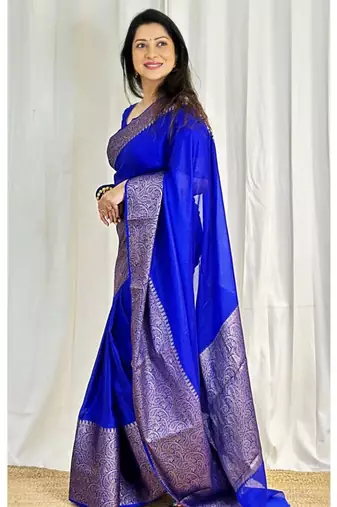 fashionable royal blue banarasi art silk blend light weight saree with unstitched blouse