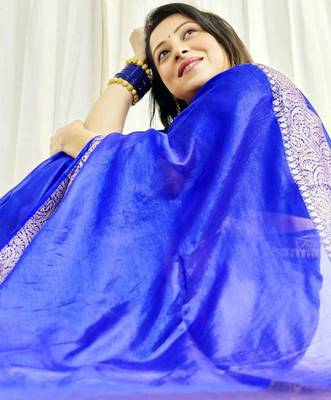 fashionable royal blue banarasi art silk blend light weight saree with unstitched blouse 3