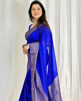fashionable royal blue banarasi art silk blend light weight saree with unstitched blouse 4