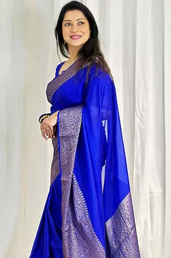 fashionable royal blue banarasi art silk blend light weight saree with unstitched blouse