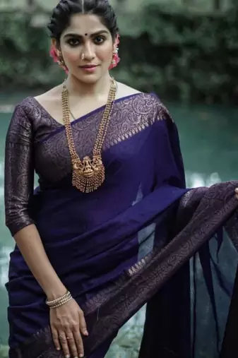 jacquard dark blue self design pure art silk blend multicolor saree with unstitched blouse