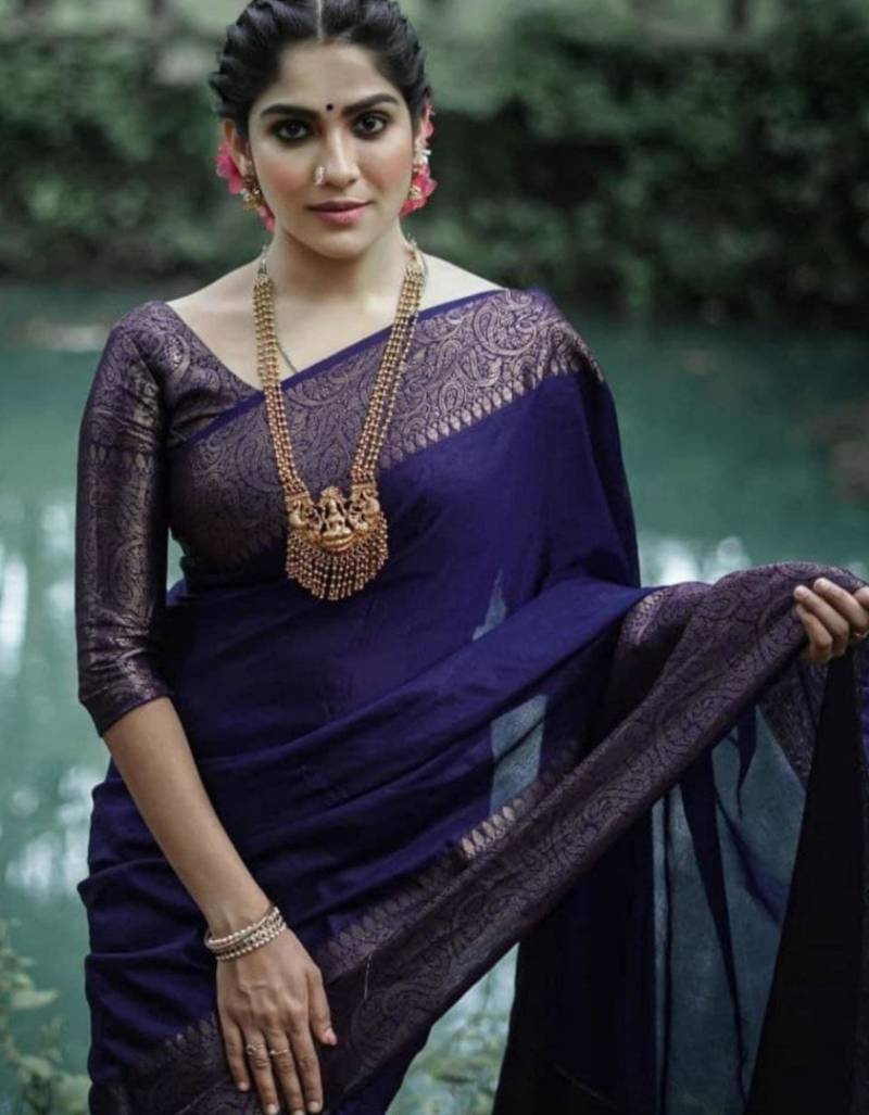 jacquard dark blue  self design pure art silk blend multicolor saree with unstitched blouse