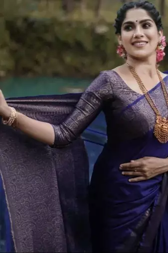 jacquard dark blue self design pure art silk blend multicolor saree with unstitched blouse