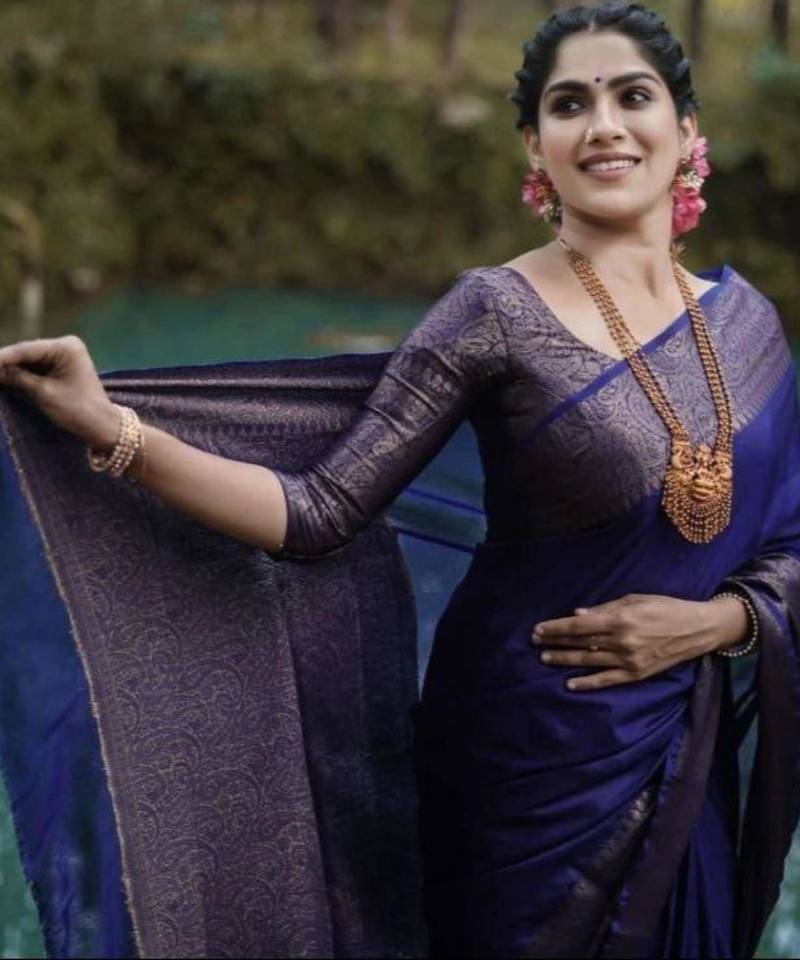 jacquard dark blue  self design pure art silk blend multicolor saree with unstitched blouse