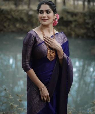 jacquard dark blue self design pure art silk blend multicolor saree with unstitched blouse 4