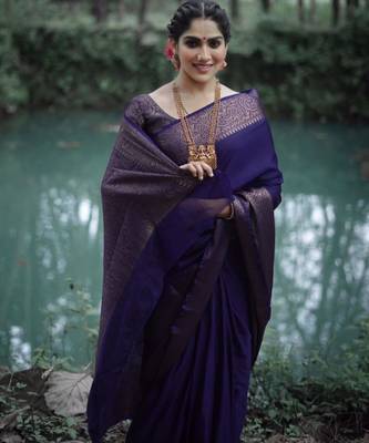 jacquard dark blue self design pure art silk blend multicolor saree with unstitched blouse 1