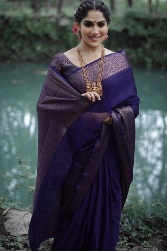 jacquard dark blue  self design pure art silk blend multicolor saree with unstitched blouse