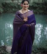 jacquard dark blue  self design pure art silk blend multicolor saree with unstitched blouse