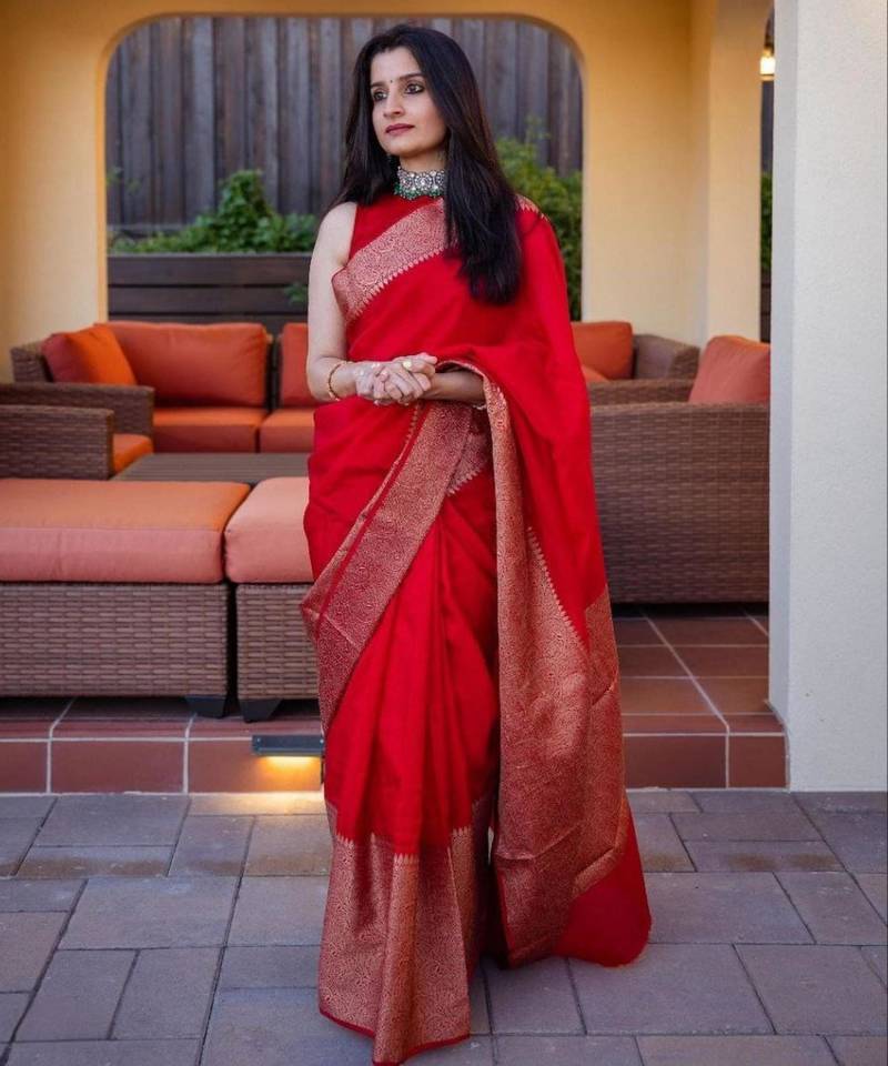 latest red self design art silk all seasons saree with unstitched blouse