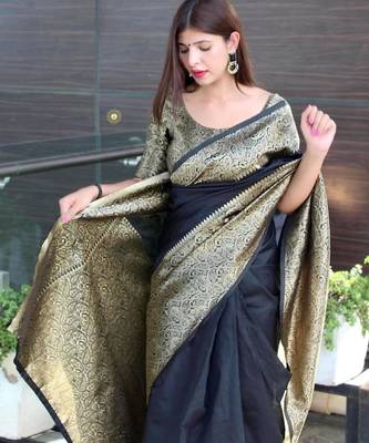 soft black woven silk cotton saree with unstitched blouse 1
