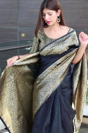 soft black woven silk cotton bollywood saree with unstitched blouse
