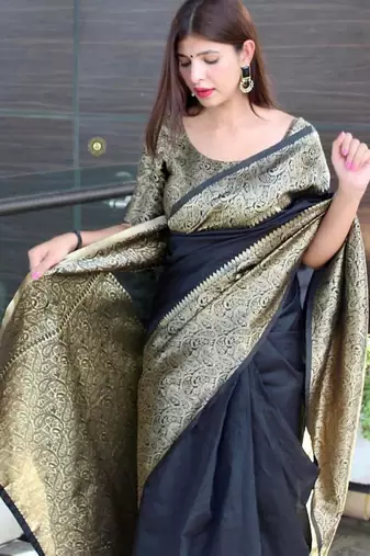 soft black woven silk cotton bollywood saree with unstitched blouse