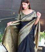 soft black woven silk cotton bollywood saree with unstitched blouse