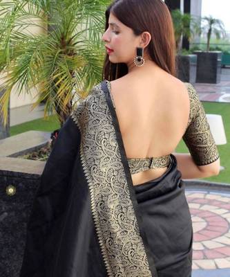 soft black woven silk cotton saree with unstitched blouse 2