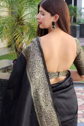 soft black woven silk cotton saree with unstitched blouse