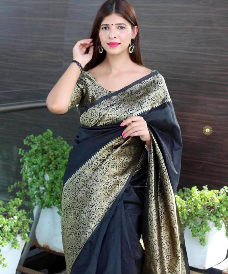 soft black woven silk cotton bollywood saree with unstitched blouse