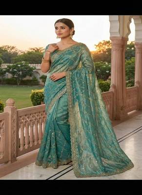 Sky Blue Color Sequence Embroidery Work With Cut Work Border art silk saree 1