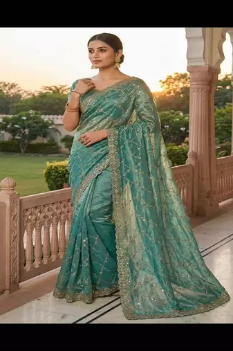 Sky Blue Color Sequence Embroidery Work With Cut Work Border art silk saree