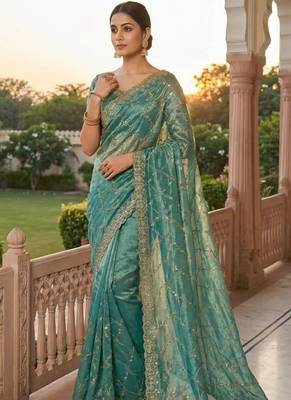 Sky Blue Color Sequence Embroidery Work With Cut Work Border art silk saree 1