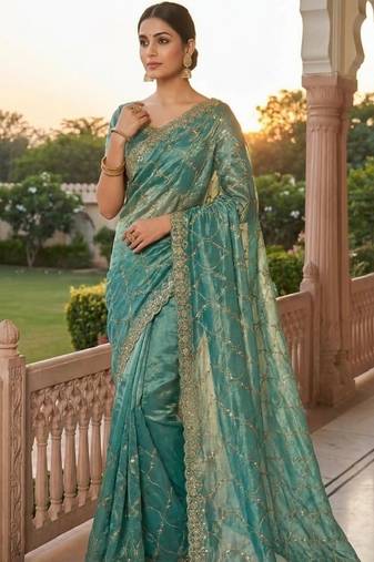 Sky Blue Color Sequence Embroidery Work With Cut Work Border Silk Saree