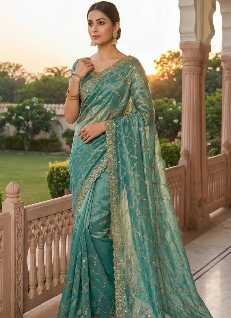 Sky Blue Color Sequence Embroidery Work With Cut Work Border Silk Saree