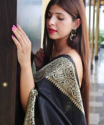soft black woven silk cotton saree with unstitched blouse 4