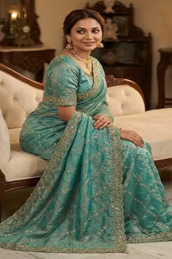 Sky Blue Color Sequence Embroidery Work With Cut Work Border art silk saree