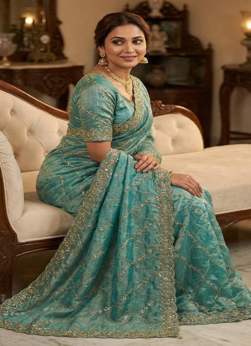 Sky Blue Color Sequence Embroidery Work With Cut Work Border art silk saree