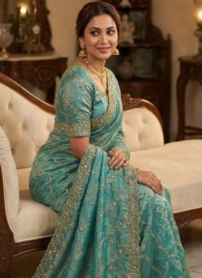 Sky Blue Color Sequence Embroidery Work With Cut Work Border art silk saree 2