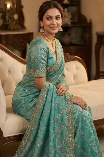 Sky Blue Color Sequence Embroidery Work With Cut Work Border art silk saree
