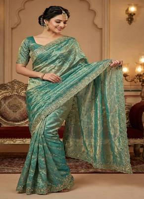 Sky Blue Color Sequence Embroidery Work With Cut Work Border art silk saree 3
