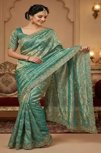Sky Blue Color Sequence Embroidery Work With Cut Work Border art silk saree