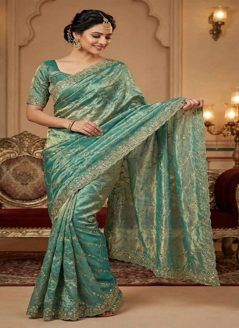 Sky Blue Color Sequence Embroidery Work With Cut Work Border art silk saree
