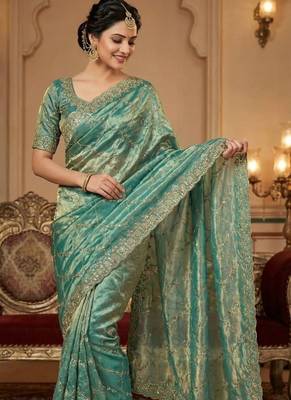 Sky Blue Color Sequence Embroidery Work With Cut Work Border art silk saree 3